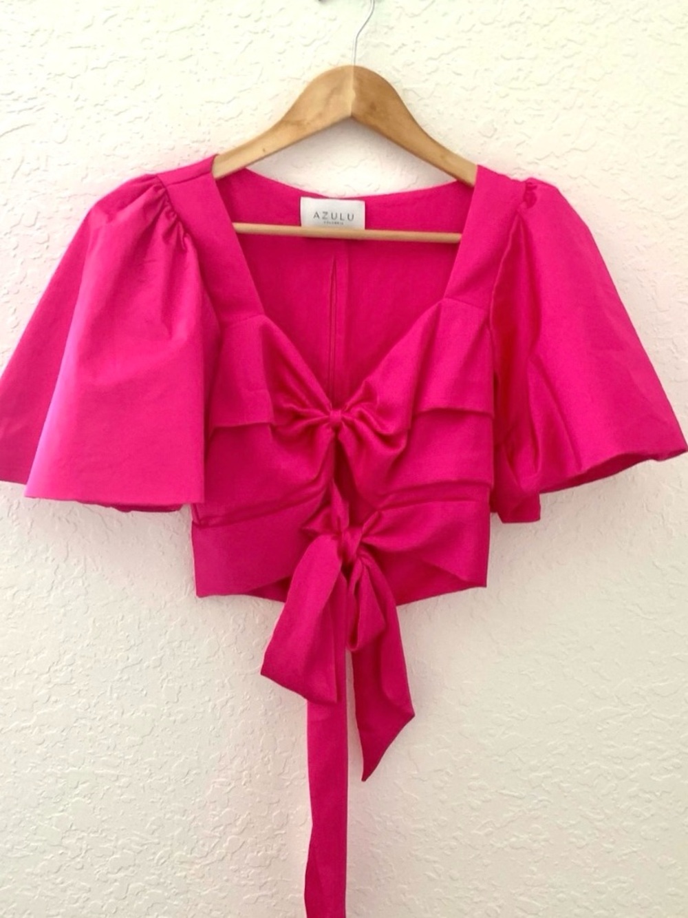 AZULU Fuchsia Tie-Front Flutter Sleeve Crop Top